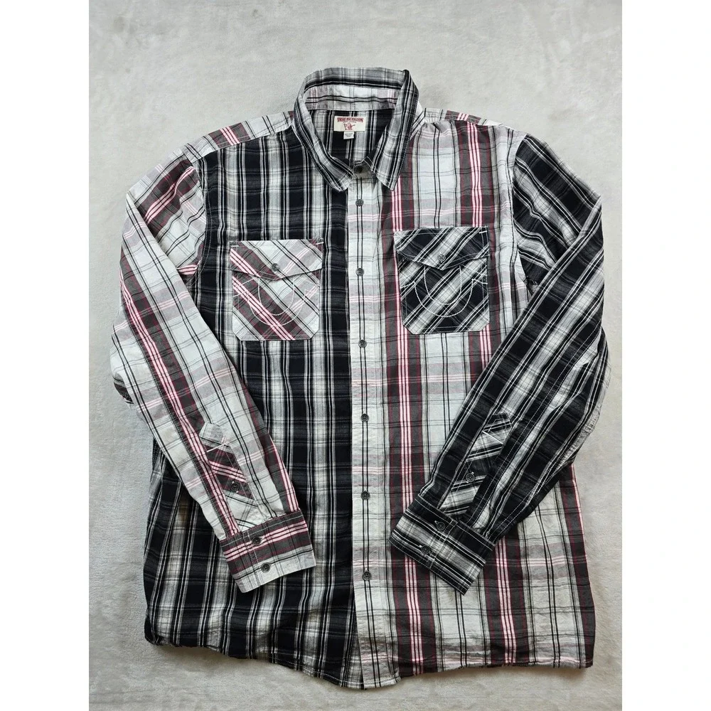 True Religion Western Utility Shirt Mens 2XL Black White Red Plaid Cotton LS